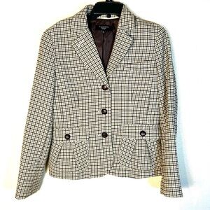 Talbots Blazer Jacket Size 10P Green Brown Houndstooth Plaid Wool Blend Academia